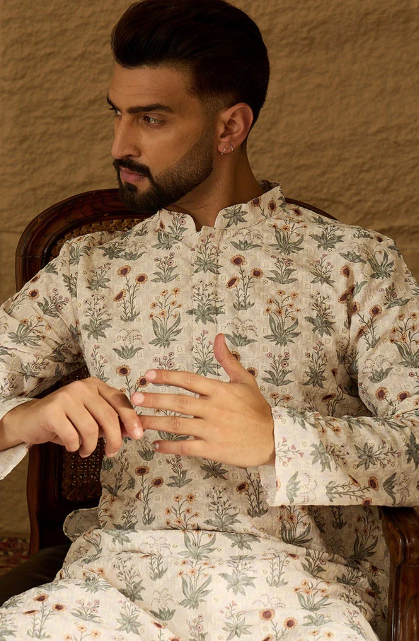 Off White Viscose Rayon Floral Printed Straight Kurta