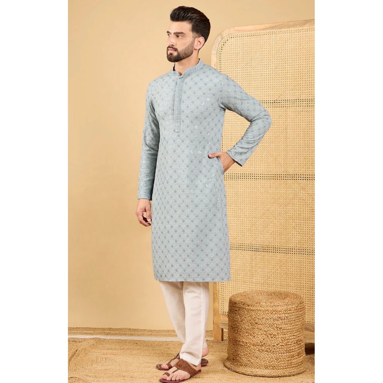 Grey Chikankari Kurta for Men