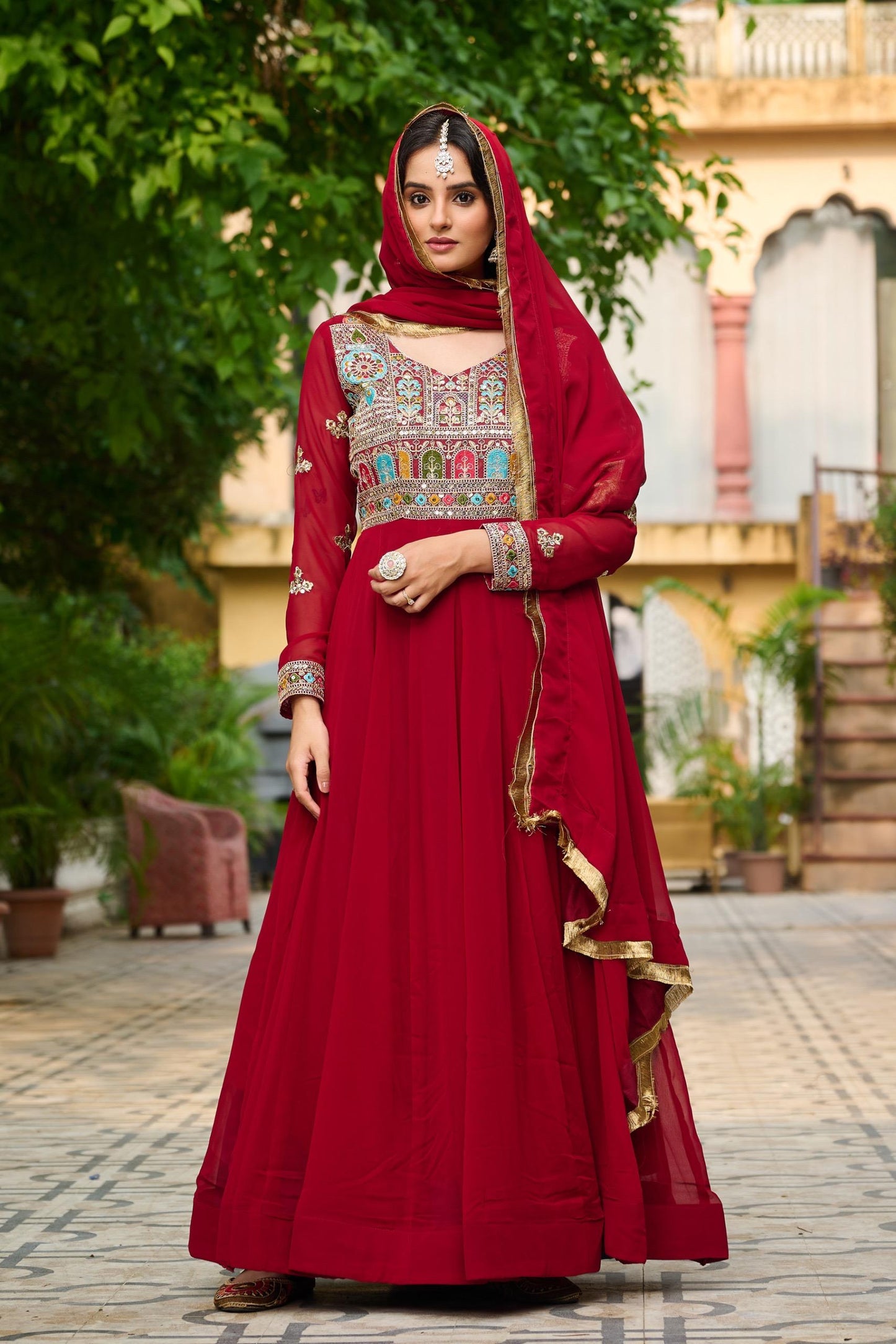 Maroon & Rama Green Festive Gown-Dupatta Set with Sequins Embroidery