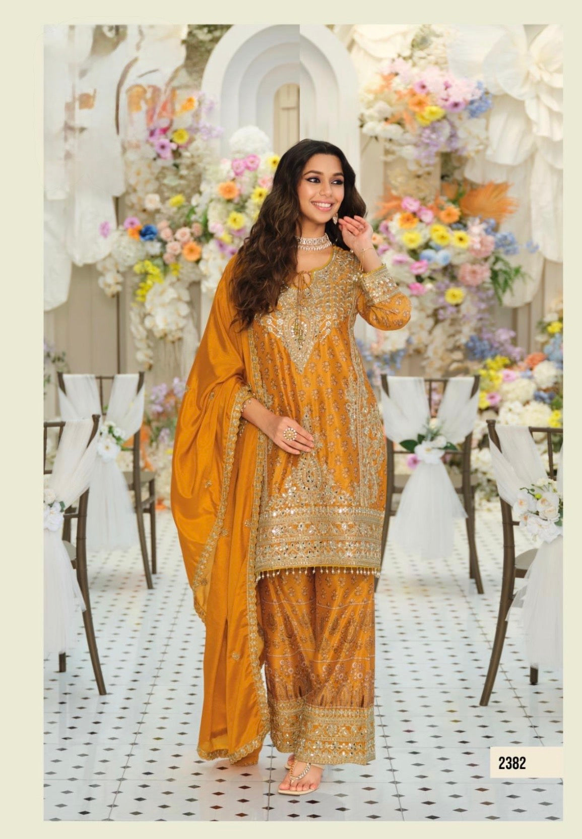 Pre-Order: Embroidered Chinon Kurta Set with Palazzo & Dupatta (Multiple Colors | XXL–3XL)