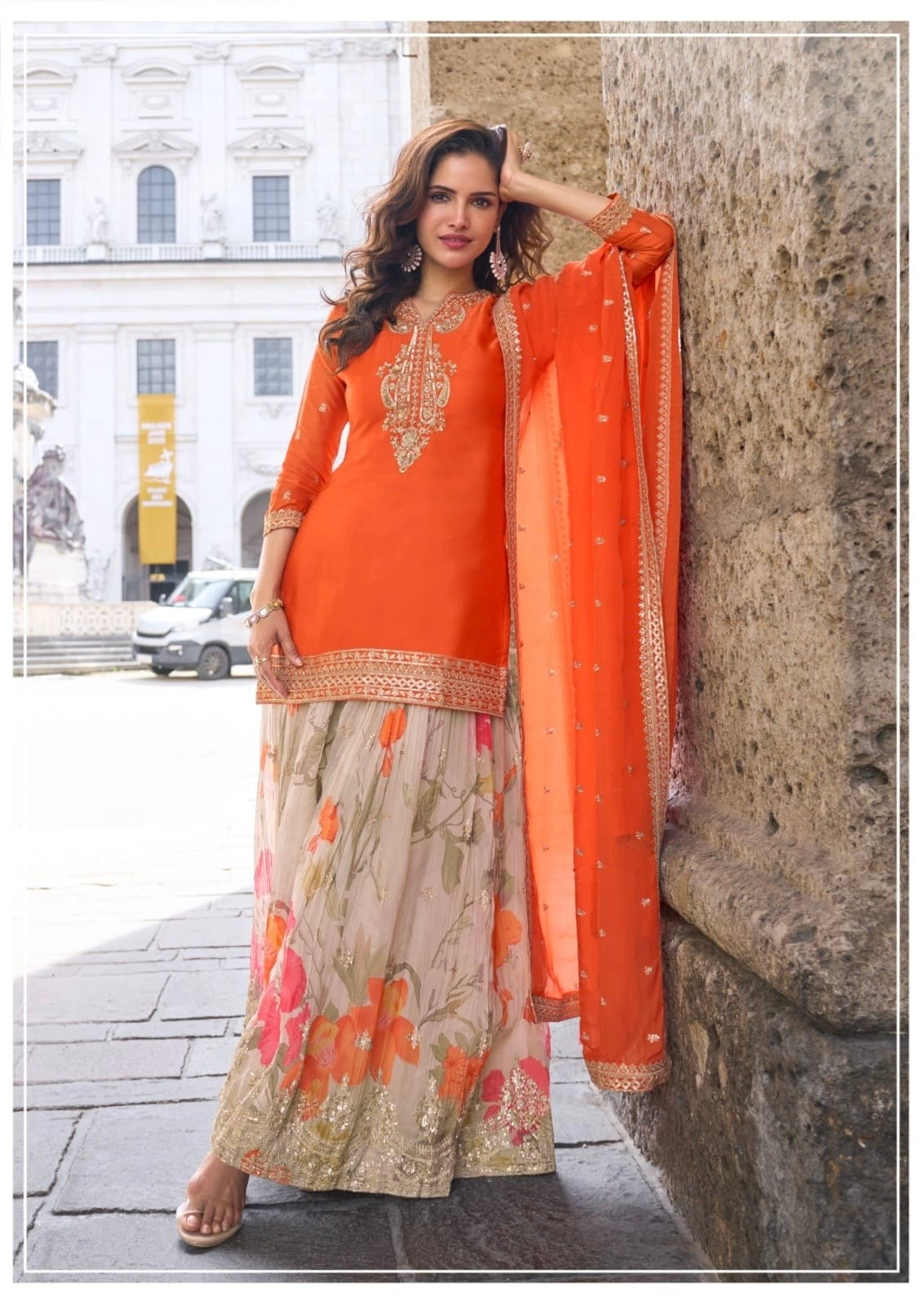 Orange Chinon Palazzo Set with Floral Print & Dupatta