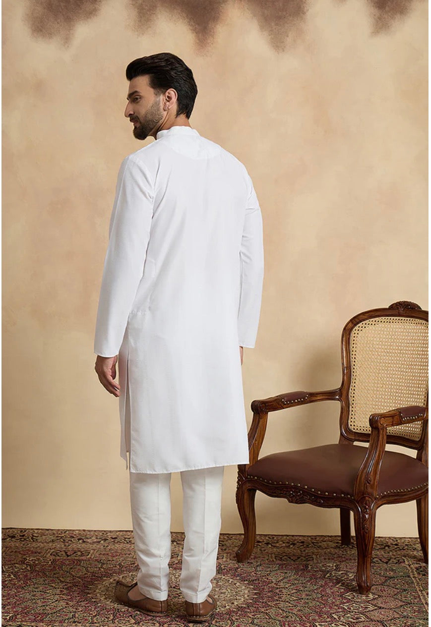 White Silk Blend Solid Solid Kurta