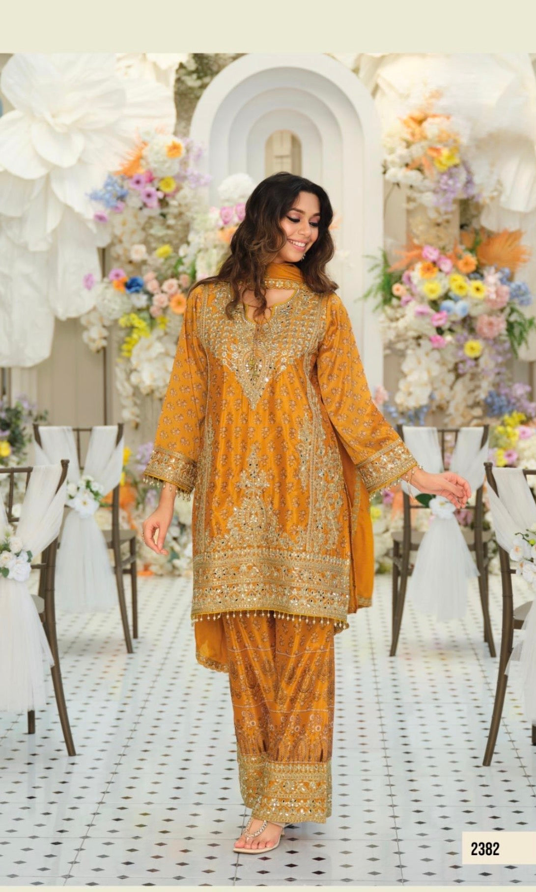 Pre-Order: Embroidered Chinon Kurta Set with Palazzo & Dupatta (Multiple Colors | XXL–3XL)
