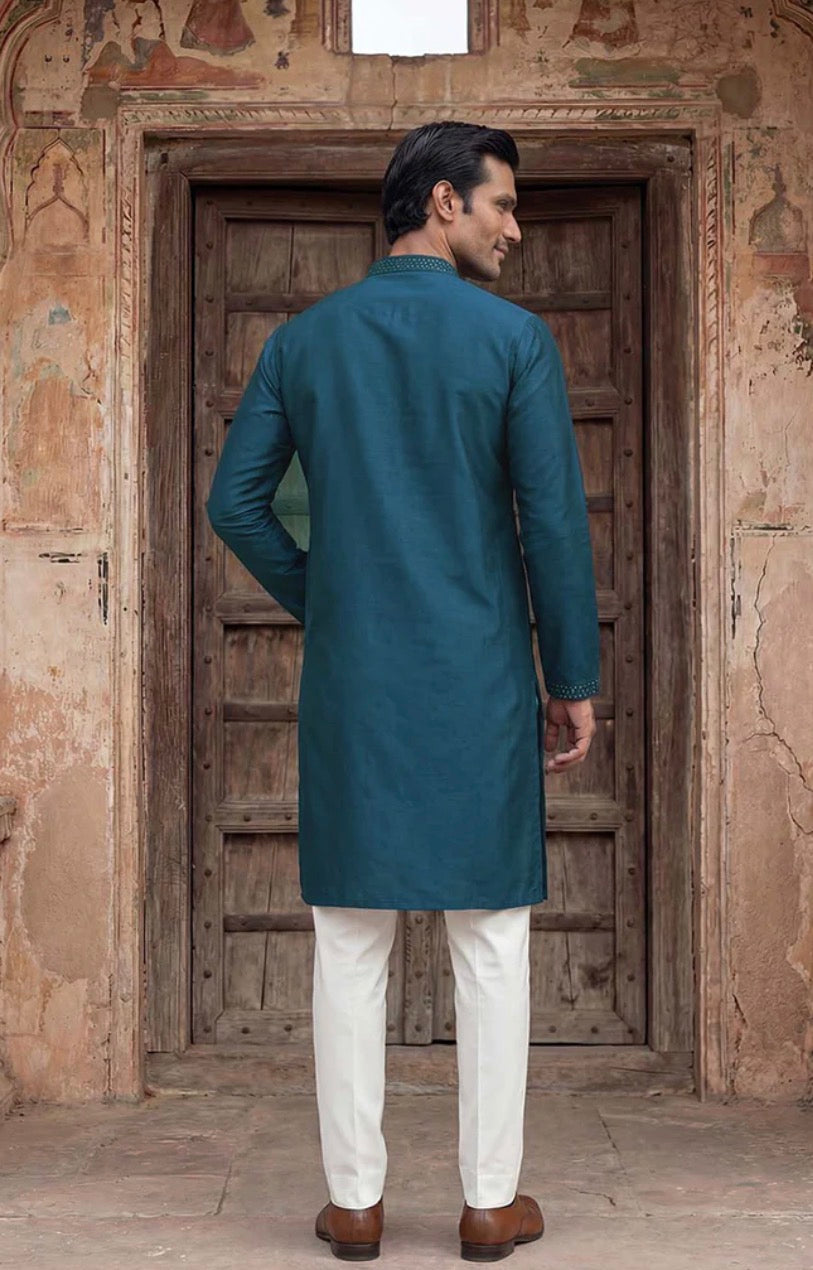 Teal Embellished Silk Kurta with Sequin Detailing | Men's Ethnic Wear