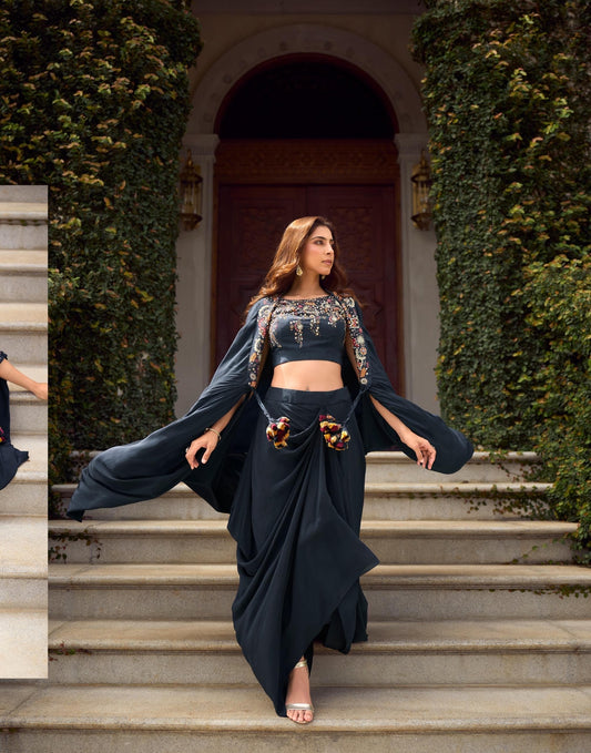 Midnight Muse Embroidered Indo-Western Shrug & Draped Bottom Set