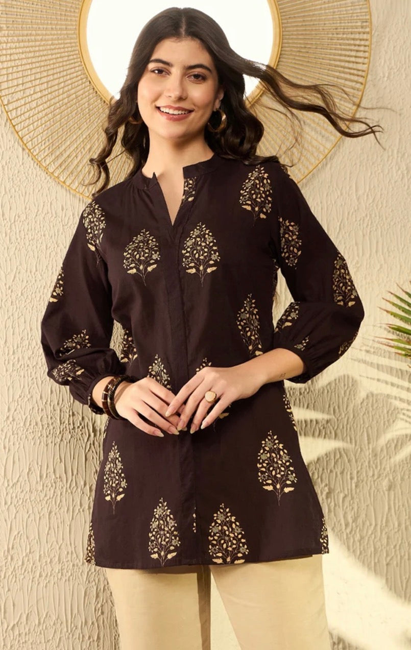 Brown Cotton Blend Ethnic Motifs Printed Tunic Top