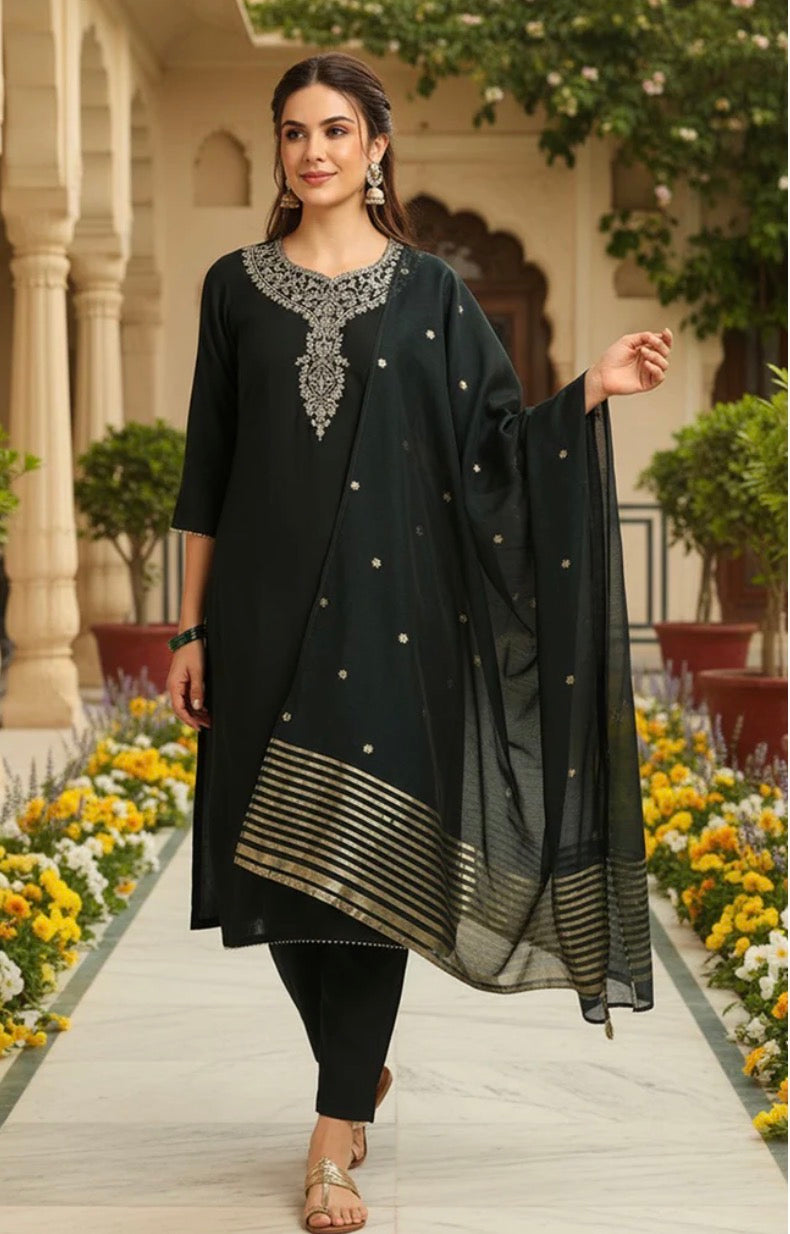 Green Chanderi Silk Solid Embroidered Straight Trousers Suit Set