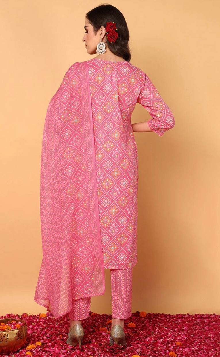 Pink Poly Cotton Bandhani Printed Straight Suit Set