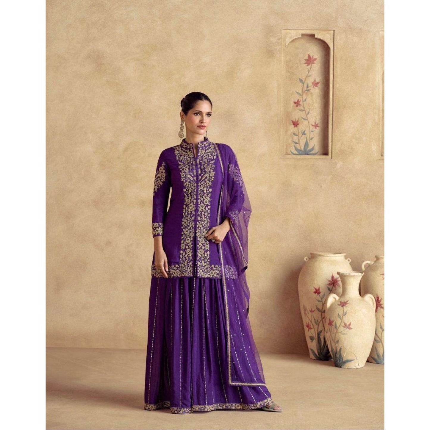 Festive Purple Chinon Silk Palazzo Set with Dupatta