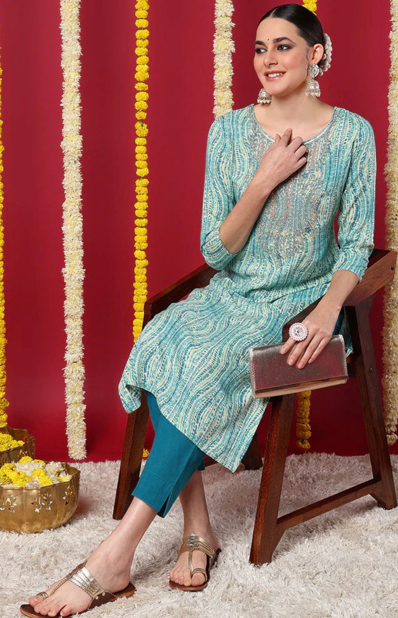Blue Abstract Printed Straight Kurta | Viscose Rayon Casual Indian Kurti