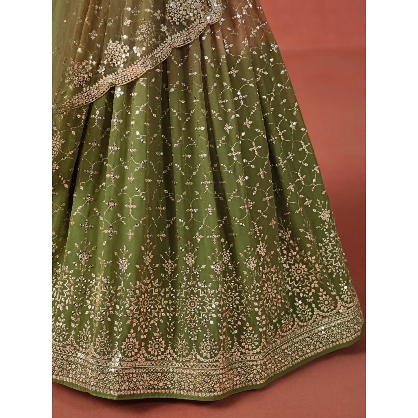 Georgette Lehenga Choli Set with Sequins & Zari Embroidery : Green (Pre Order)