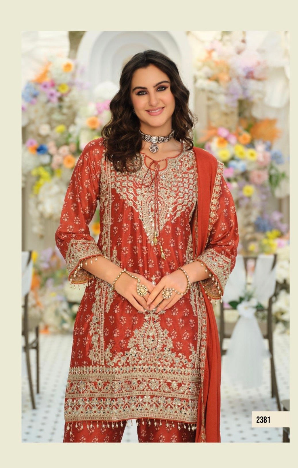 Pre-Order: Embroidered Chinon Kurta Set with Palazzo & Dupatta (Multiple Colors | XXL–3XL)