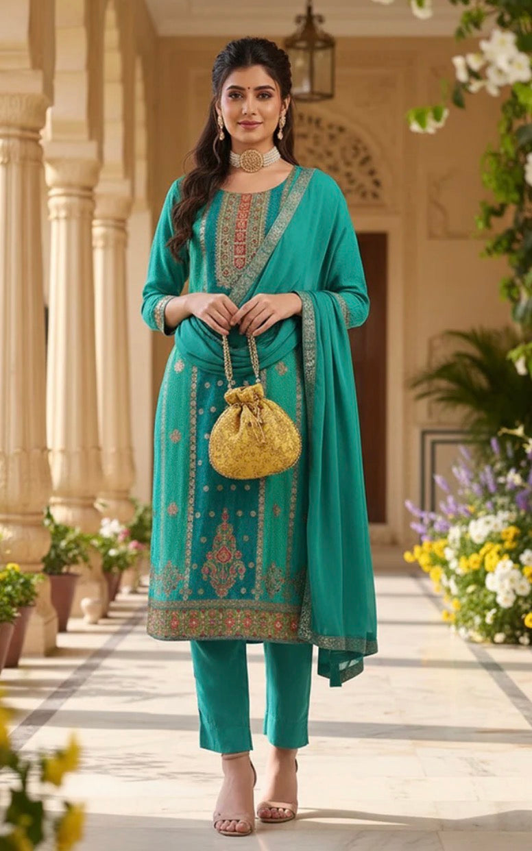 Teal Blue Organza Abstract Woven Design Straight Trouser Suit Set