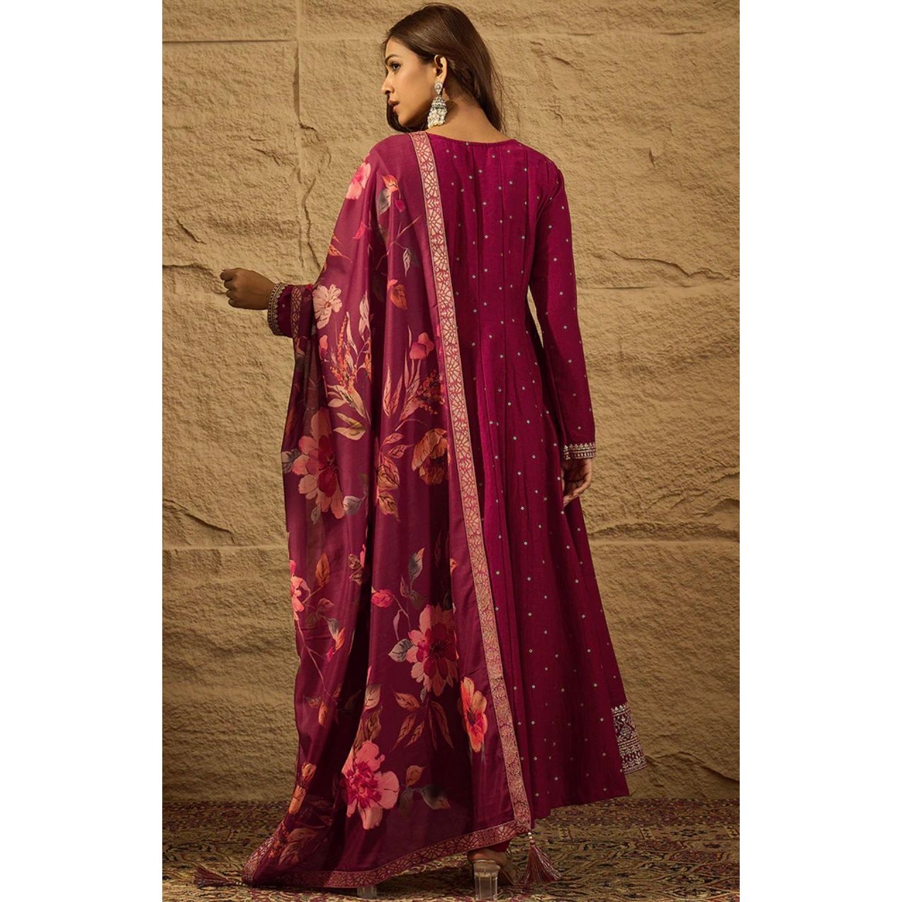 Maroon Silk Bandhani Embroidered Anarkali Kurta Set
