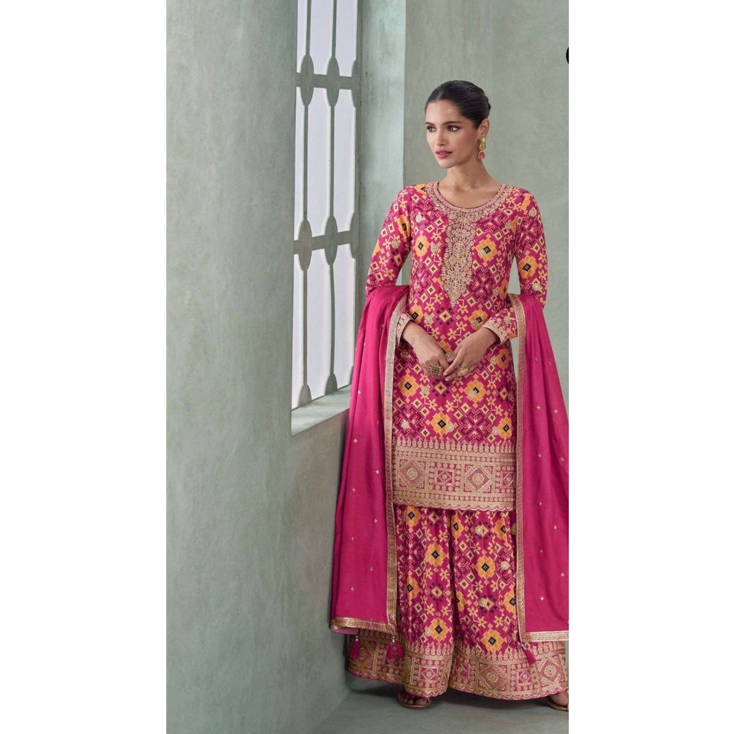 Blush Bloom – Pink Printed Chinon Silk Palazzo Set
