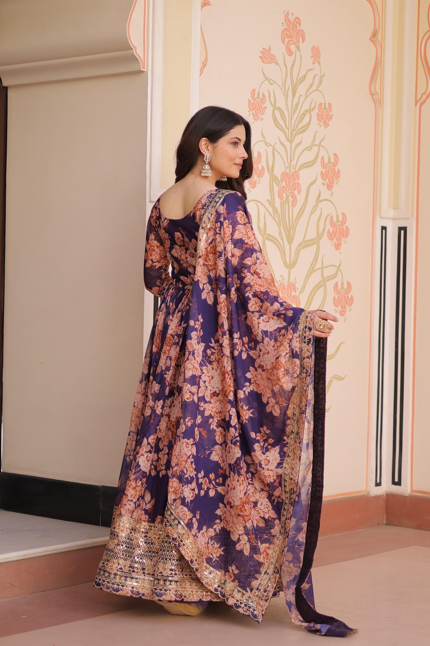 Premium Russian Silk Gown with Embroidered Sequins & Dupatta – Designer Festive Collection