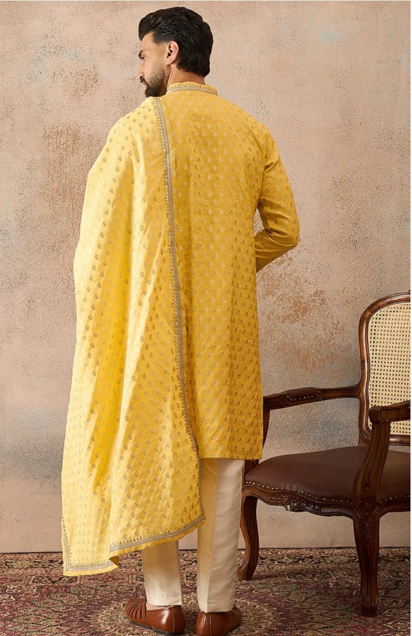 Yellow Jacquard Woven Design Floral Straight Kurta Set