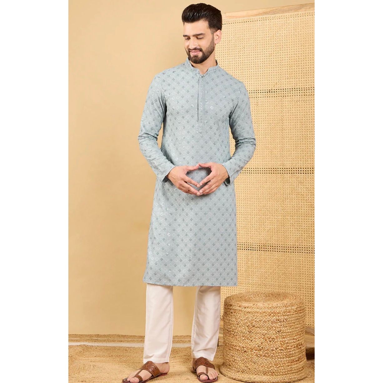 Grey Chikankari Kurta for Men