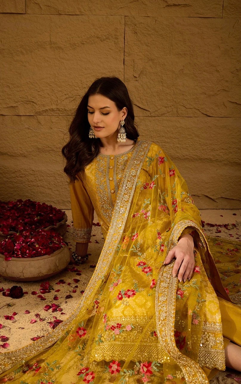 Yellow Silk Blend Kurta Set