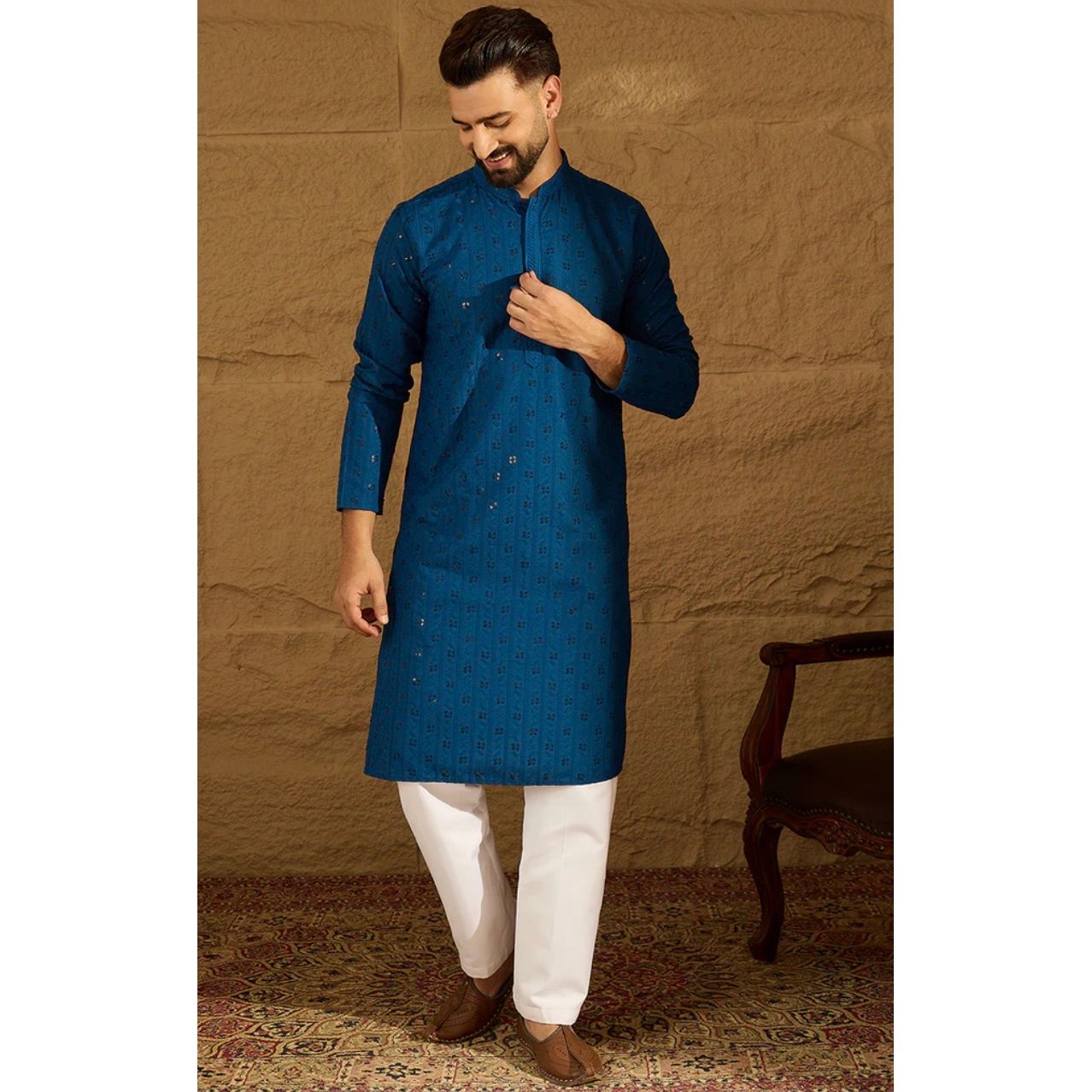 Blue Viscose Rayon Solid Embroidered Straight Kurta