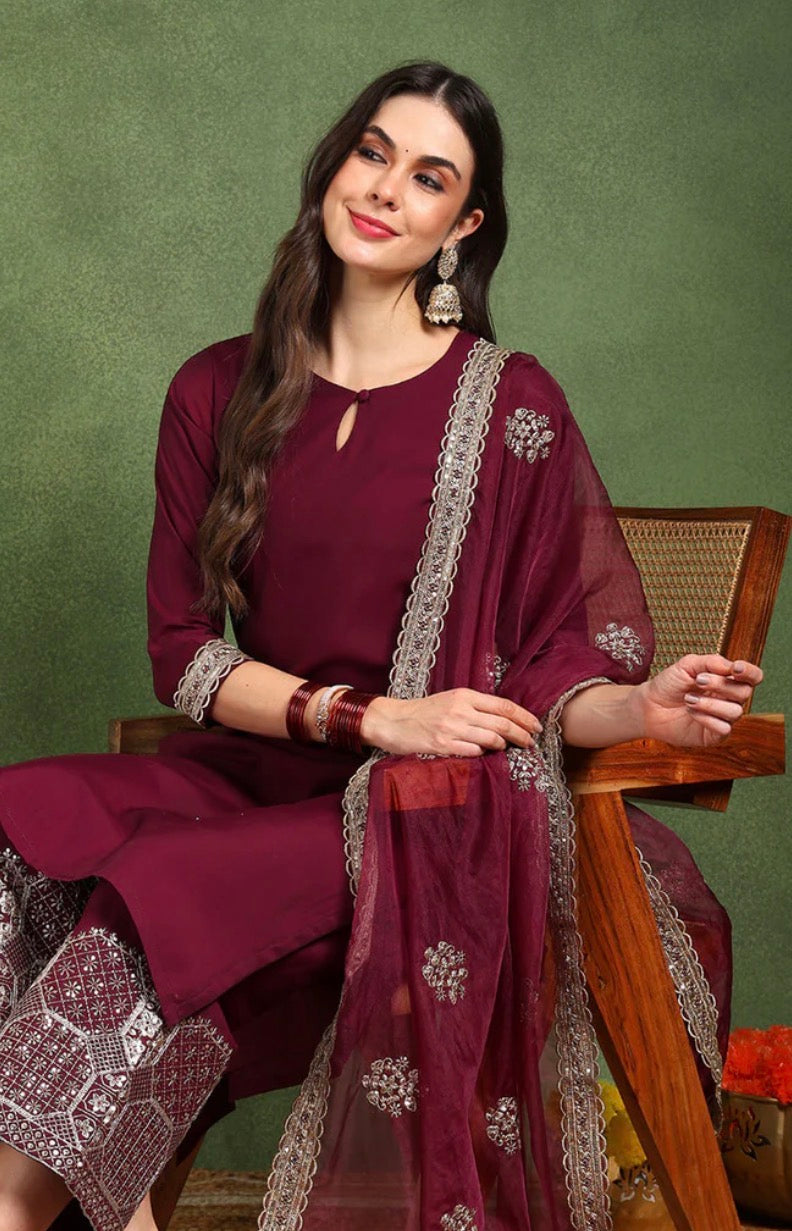 Burgundy Silk Blend Kurta Set