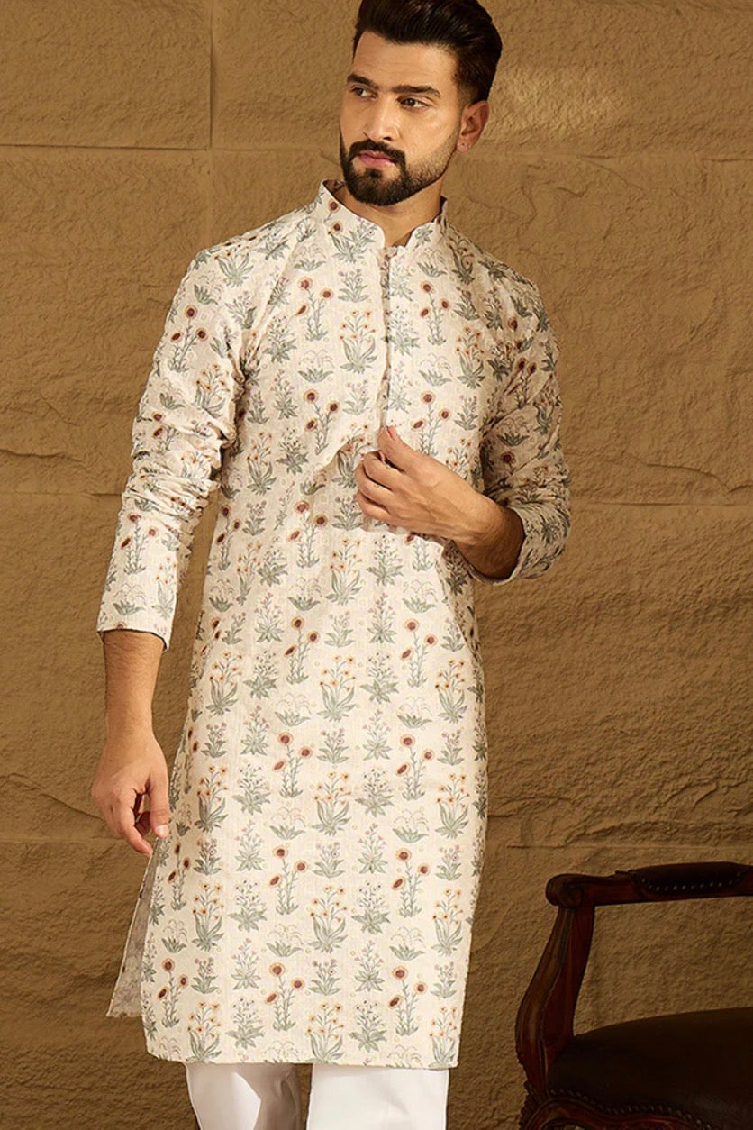 Off White Viscose Rayon Floral Printed Straight Kurta