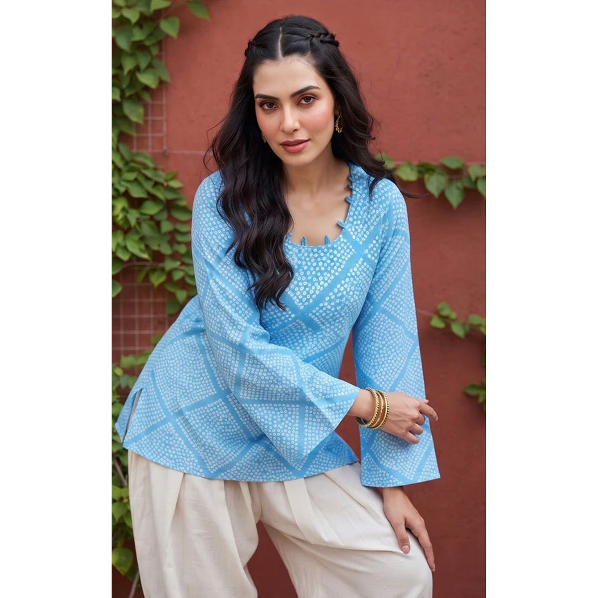 Blue Cotton Round Neck Long Sleeves Casual Top