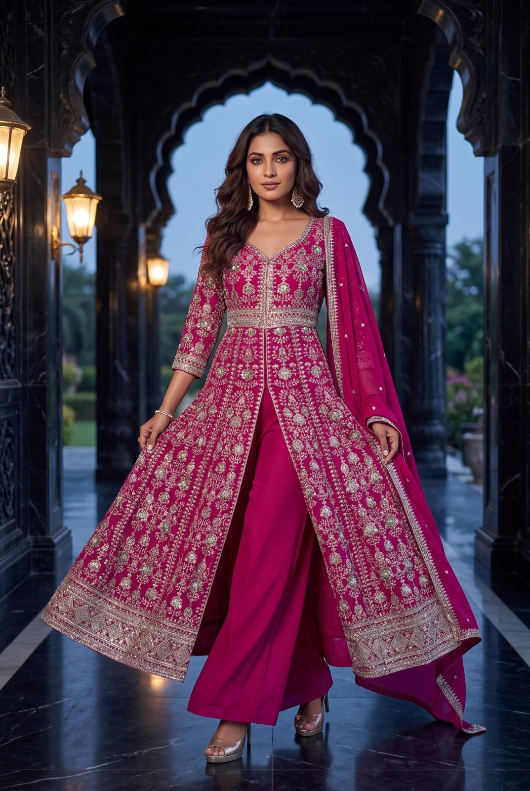 Royal Bloom Embroidered Chinon Front-Slit Palazzo Suit