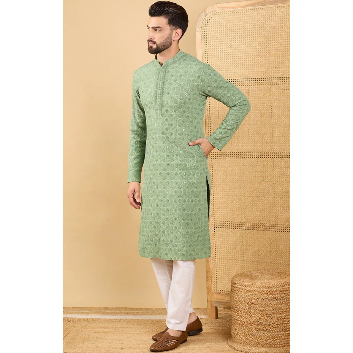 Green Viscose Rayon Solid Embroidered Straight Chikankari Kurta
