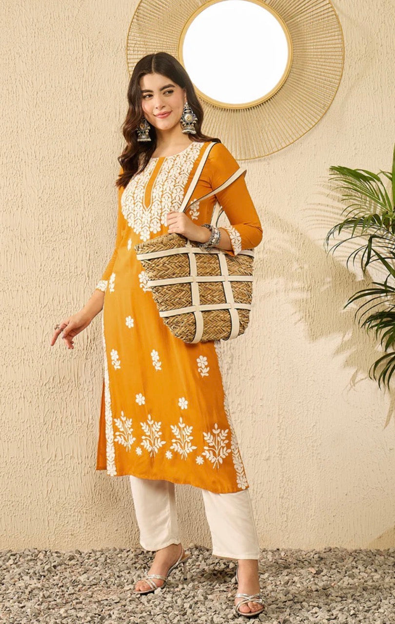 Mustard Yellow Embroidered Chikankari Straight Kurta