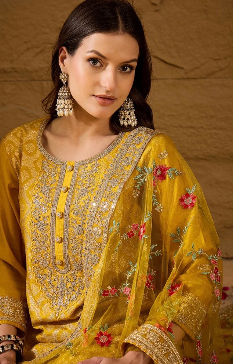 Yellow Silk Blend Kurta Set
