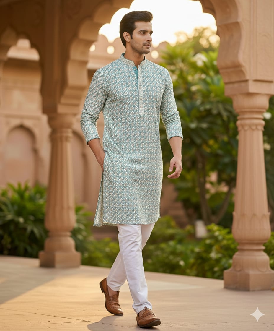 Men’s Chikankari / Sequin Work Kurta Set :Blue