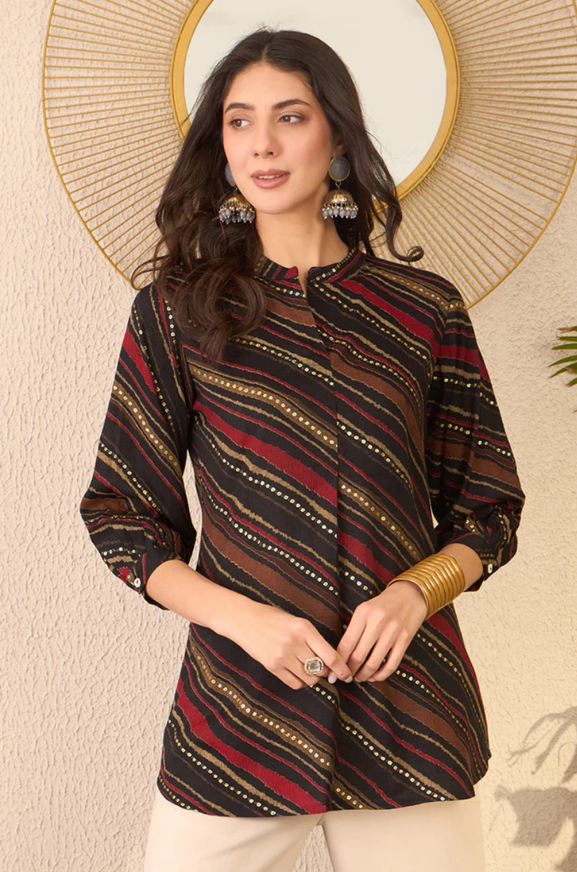 Black Cotton Blend Leheriya Printed Tunic Top