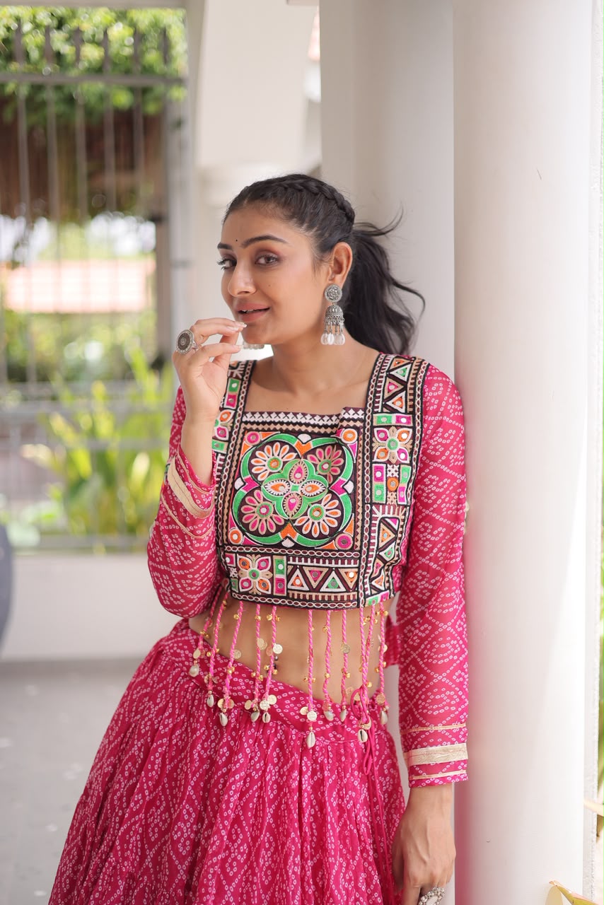 Garba Glow – Bandhani Print Lehenga Choli with Kutchi Patchwork