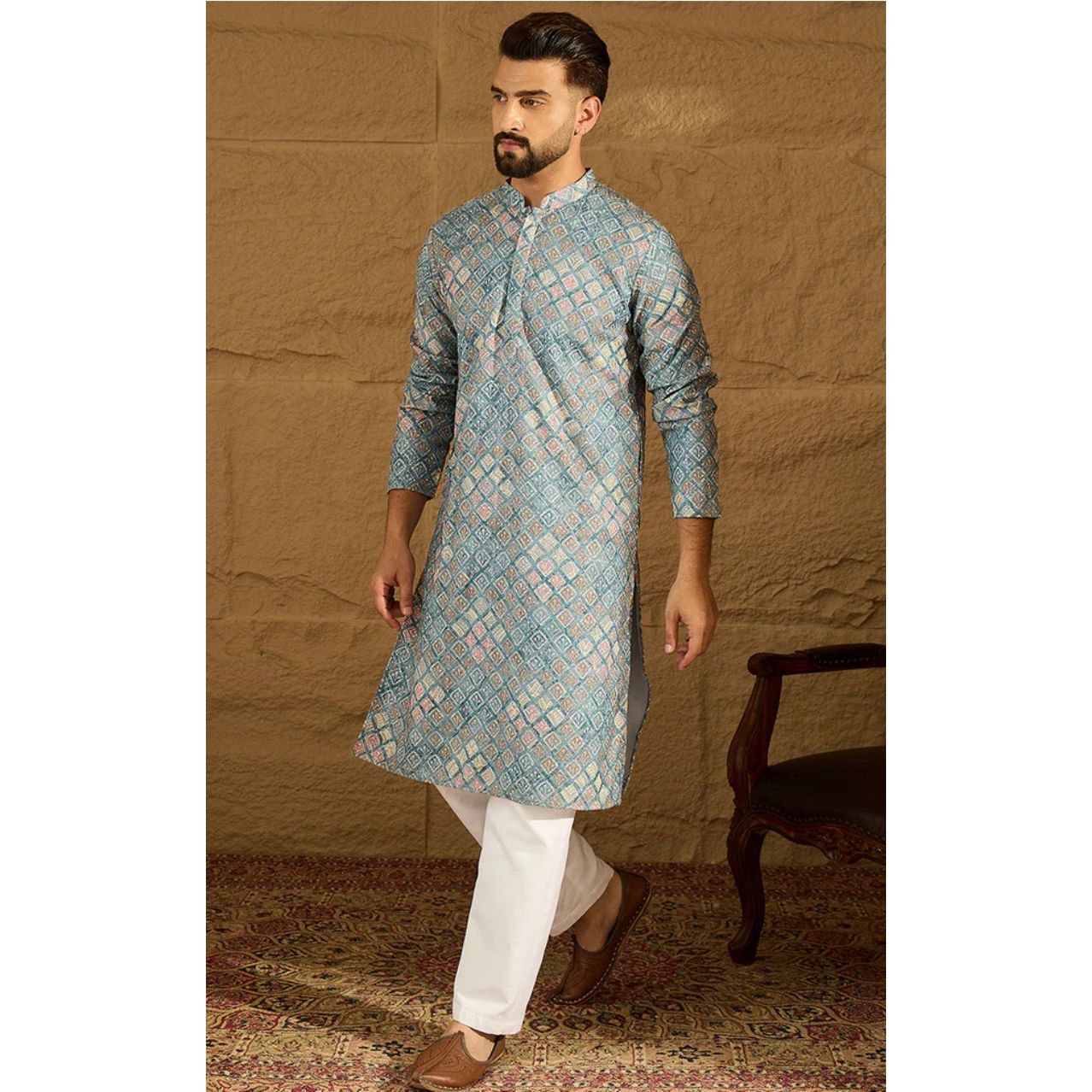 Blue Viscose Rayon Abstract Embroidered Straight Kurta
