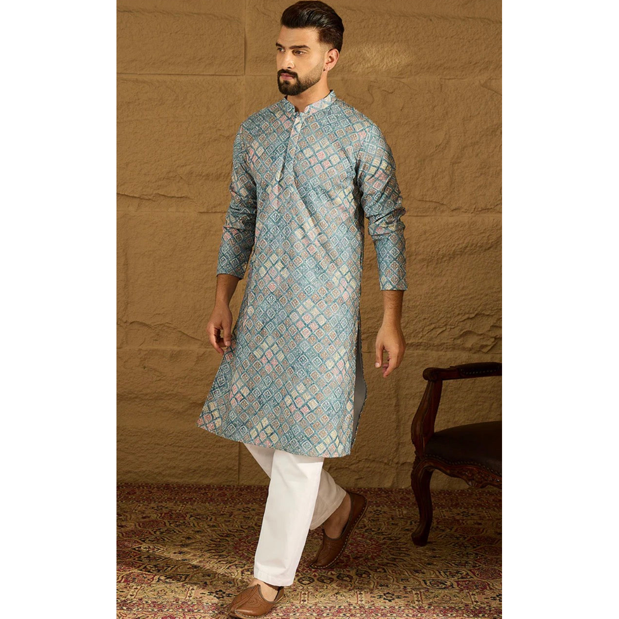 Blue Viscose Rayon Abstract Embroidered Straight Kurta