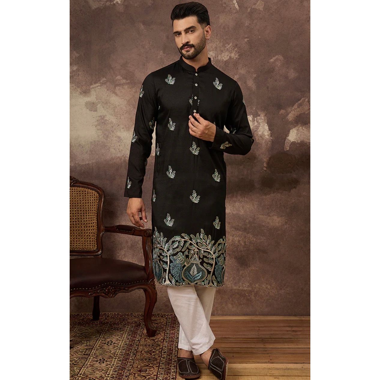 Black Silk Blend Solid Embroidered Straight Kurta