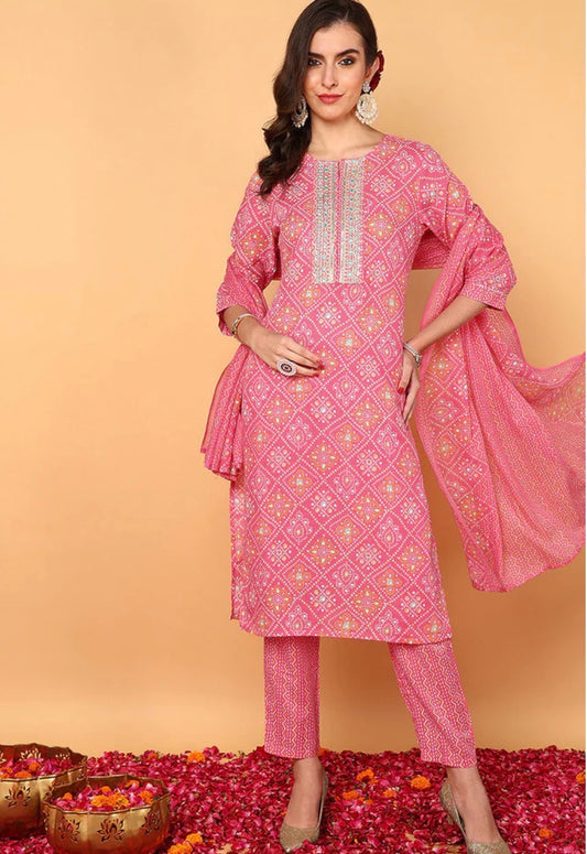 Pink Poly Cotton Bandhani Printed Straight Suit Set