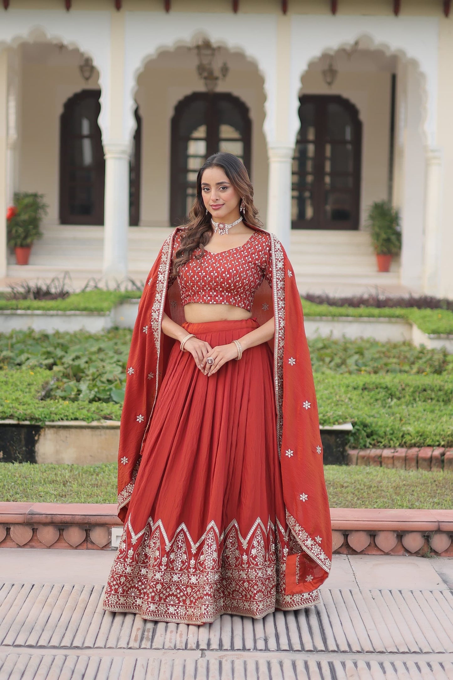 Silk Lehenga Choli Set (Pre-Order Only): Rust Orange