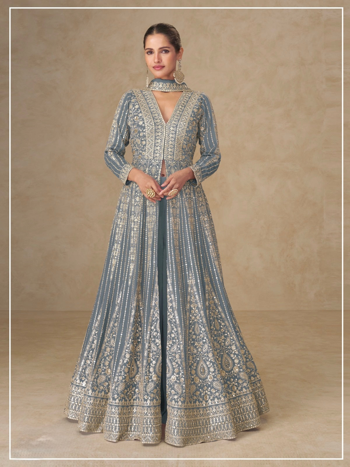 Elegant Chinon Silk Embroidered Anarkali Set with Palazzo & Dupatta
