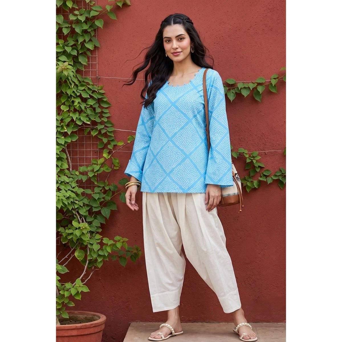 Blue Cotton Round Neck Long Sleeves Casual Top