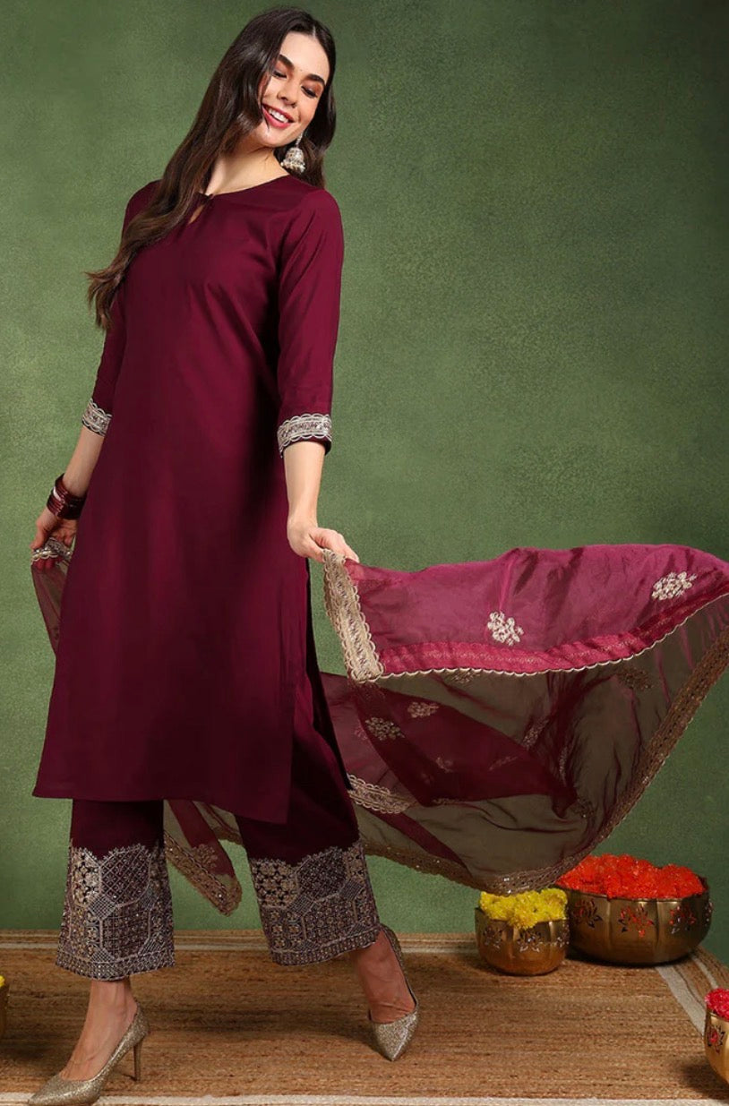 Burgundy Silk Blend Kurta Set