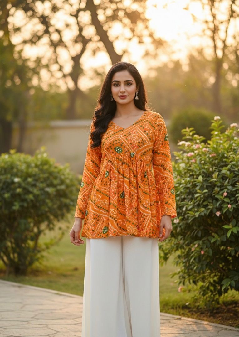 Bandhej Print Georgette Tunic Top – Long Churi Sleeves