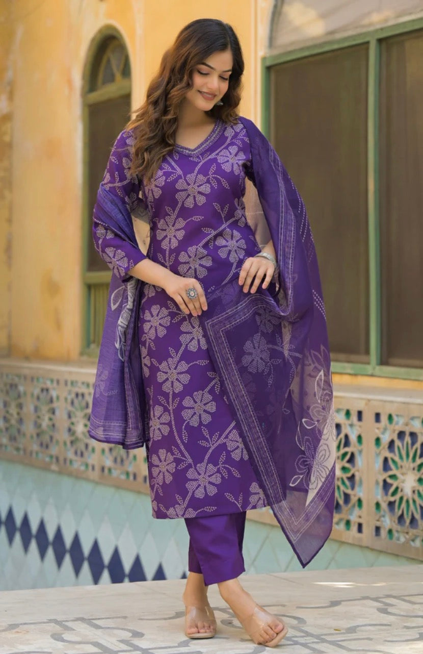 Purple Rayon Blend Bandhani Printed Straight Kurta Trouser With Dupatta