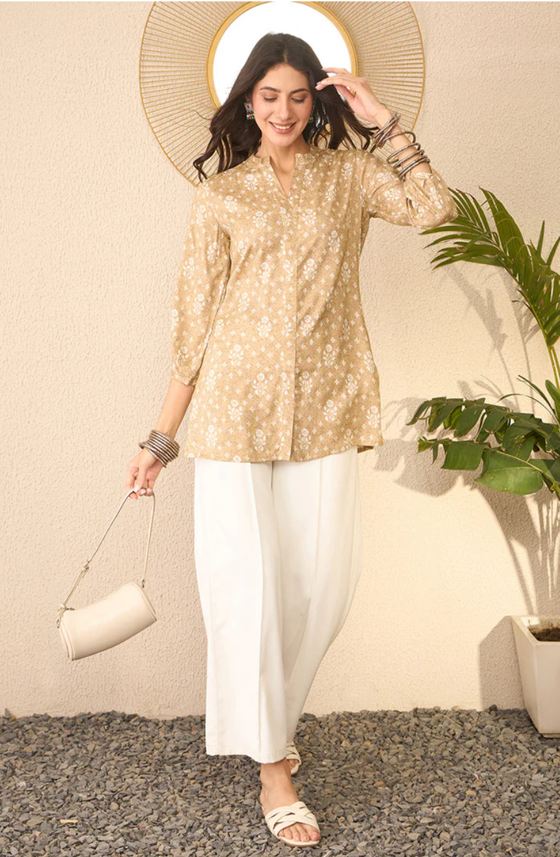 Beige Cotton Blend Floral Printed Regular Top