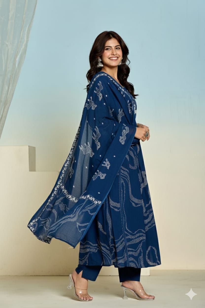 Dark Blue Ghera Kurti Set with Pant & Dupatta