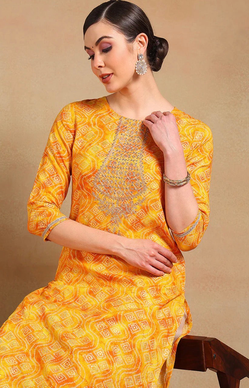 Yellow Viscose Rayon Bandhani Printed Straight Kurta