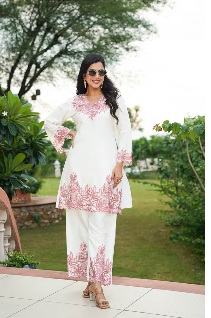 White Silk Blend Embroidered Straight Coord Sets