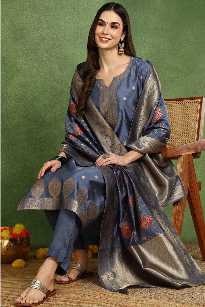 Grey Chanderi Solid Woven Design Straight Suit Set