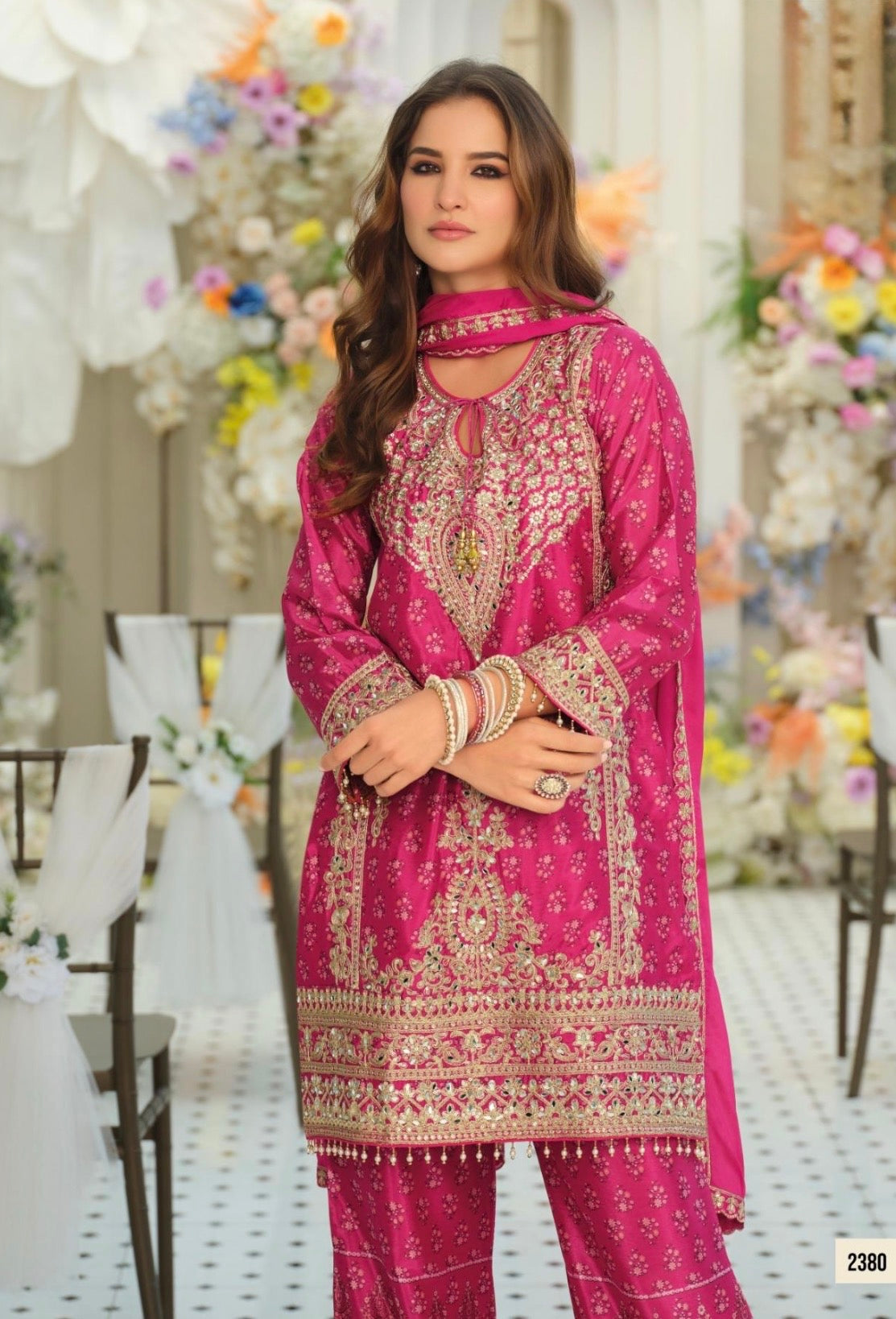 Pre-Order: Embroidered Chinon Kurta Set with Palazzo & Dupatta (Multiple Colors | XXL–3XL)